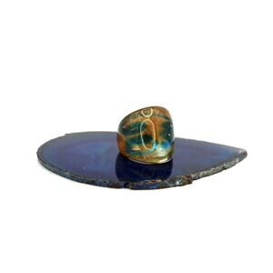 1970's Handblown Blue Swirl on Gold Glitter Ring